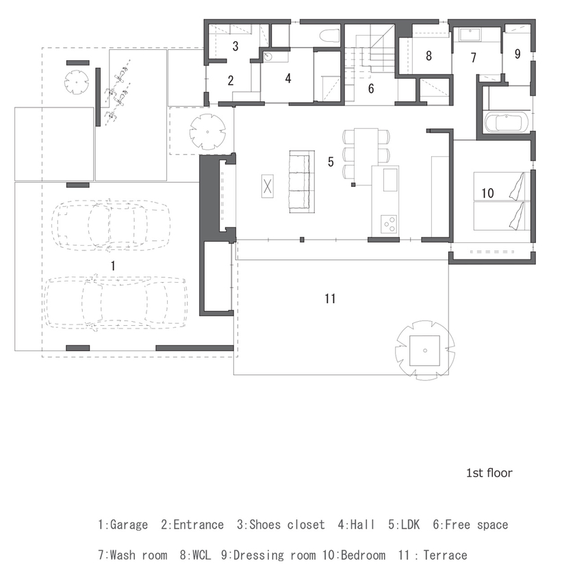 ALTS DESIGN OFFICE（アルツ　デザイン　オフィス） 《草津市/3300万円/インナーガレージ2台》デザインから設計まで一つひとつこだわった「どこにもない家」をの間取り図（3LDK）1階