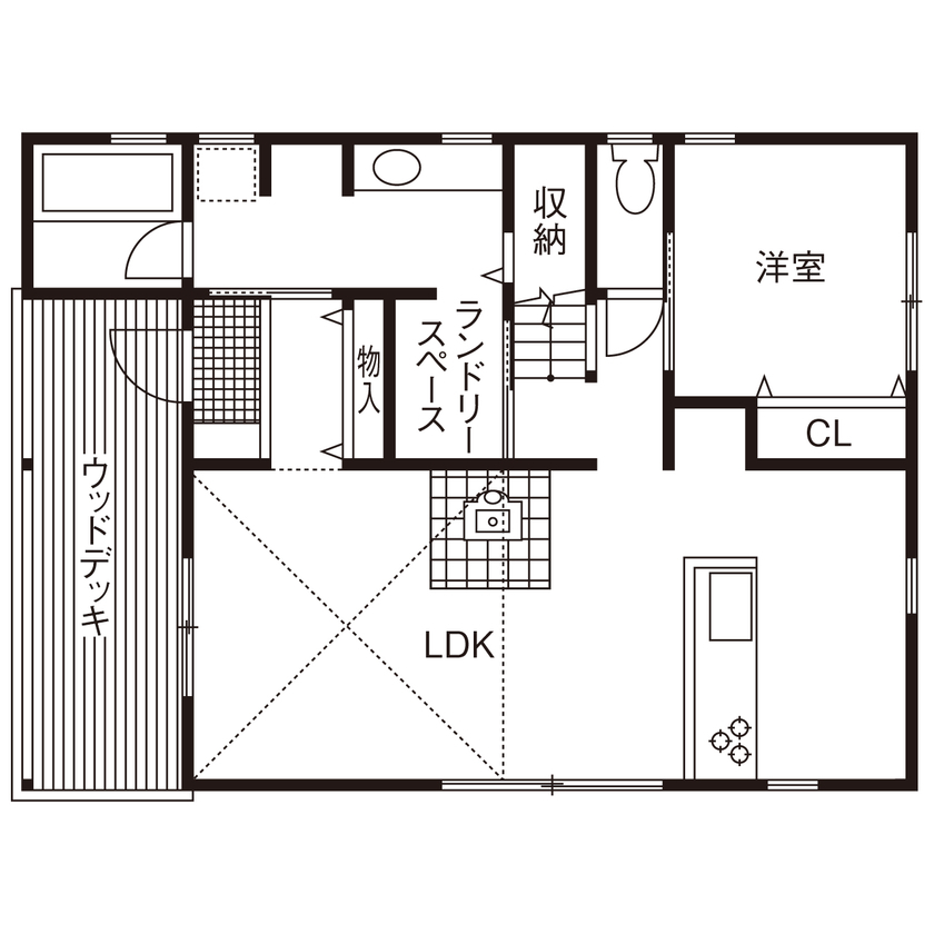 パルコホーム 【間取り図有/アウトドア派】薪ストーブのある吹き抜けリビングやウッドデッキなど自由に楽しめる住まいの間取り図（3LDK）1階