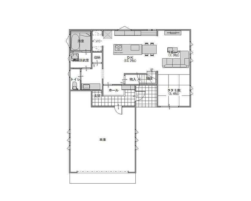 パルコホーム 【間取り図有/ビルトインガレージ】友人が集まれる約20帖のLDKや、こだわりの木目×モノトーンインテリアの間取り図（4LDK）1階