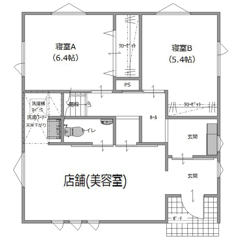 パルコホーム 家族もお客様もゆったり寛げる温かな無垢材がポイント。こだわりインテリアの店舗兼住宅の間取り図（3LDK+店舗（美容室））1階