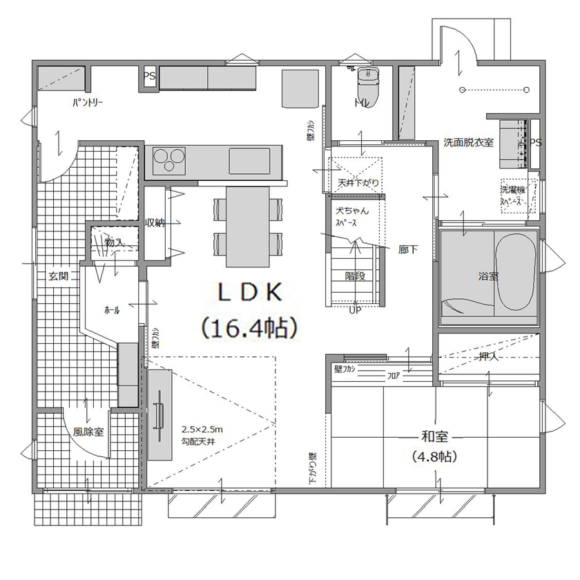パルコホーム 共働き夫婦にうれしいこだわりの「家事動線」で快適！団らんが弾む開放的なリビングが自慢の家の間取り図（4LDK）1階