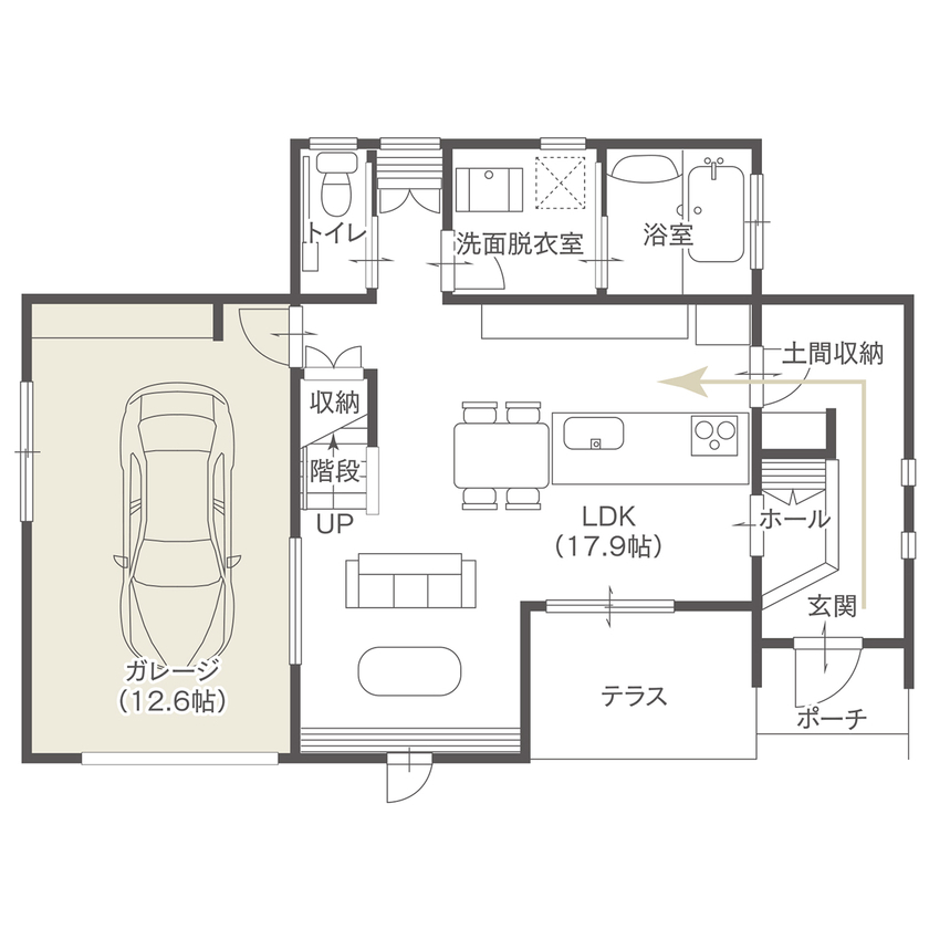 パルコホーム たくさんの収納と暮らしが楽しくなる工夫が詰まった「ガレージのある家」の間取り図（3LDK+ガレージ）1階