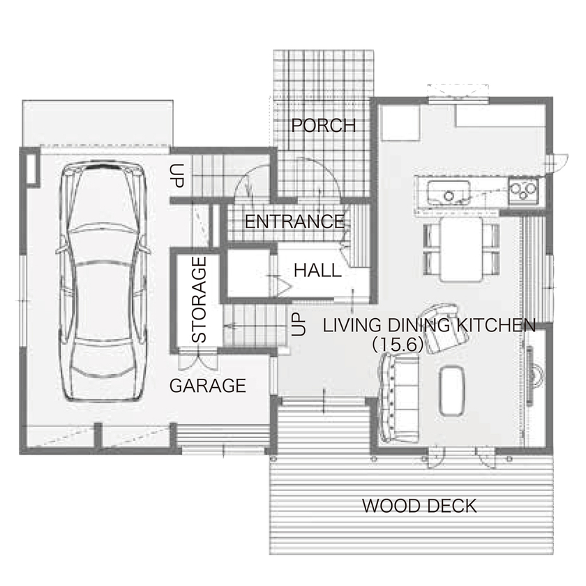 パルコホーム 家族団らんが弾む工夫が随所に。空間がつながるスキップフロアとガレージのある家の間取り図（3LDK+ガレージ）1階