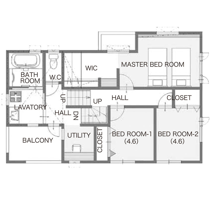 パルコホーム 家族団らんが弾む工夫が随所に。空間がつながるスキップフロアとガレージのある家の間取り図（3LDK+ガレージ）2階