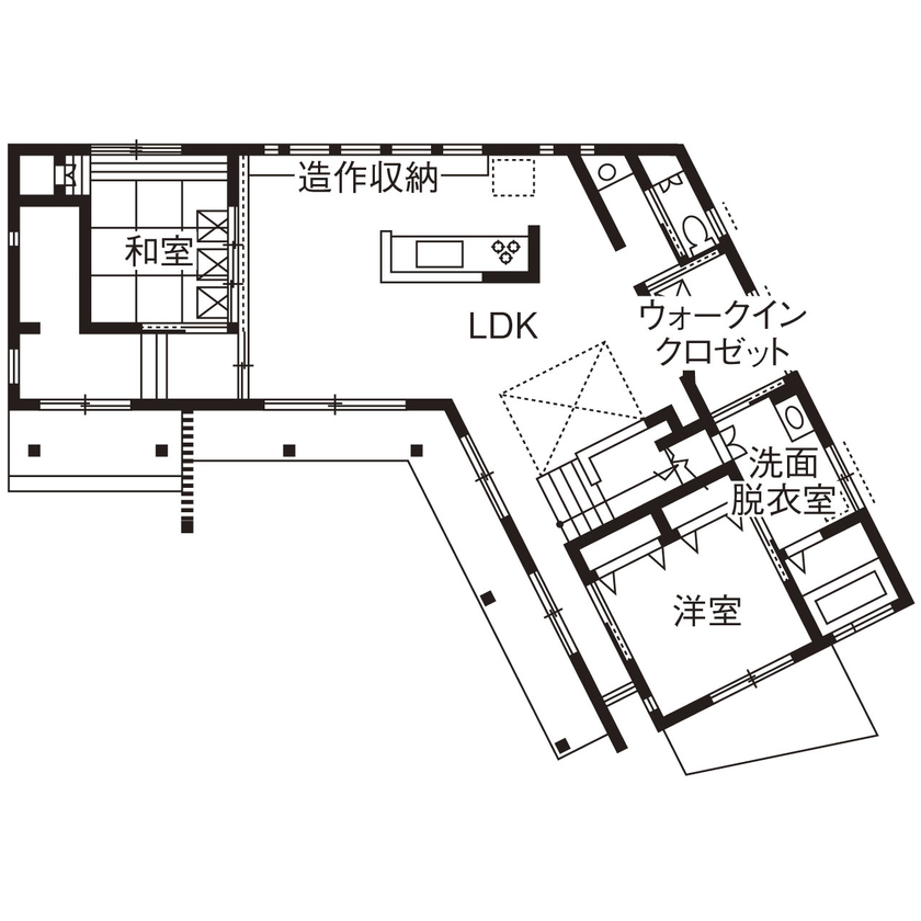 新進建設 【2500万円】扇型の土地をいかした、庭を抱いて「くの字」に建つ家／家の間取り図ありの間取り図（4LDK）1階