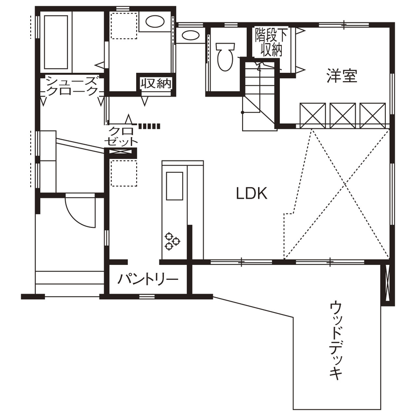 新進建設 【2537万円】シックな黒に、無垢板張りでぬくもりをプラス。オシャレな三角屋根の家／家の間取り図ありの間取り図（4LDK＋小屋裏）１階