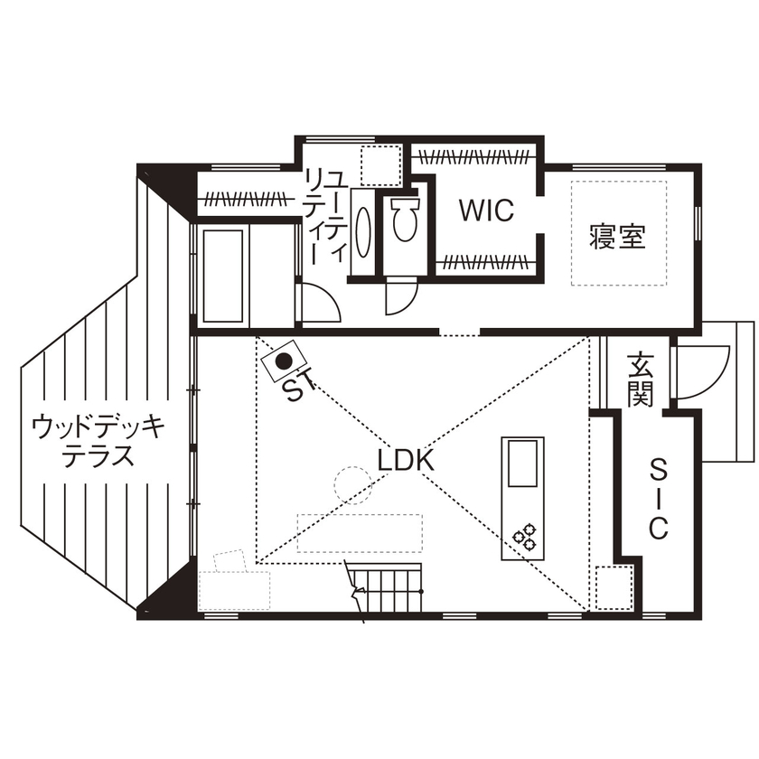 新進建設 ＜絶景の平屋＞【間取り図あり／2090万円／26坪】バスタイムも絶景！都市部から移住で叶えたリゾートライフの間取り図（2LDK＋ロフト）１階