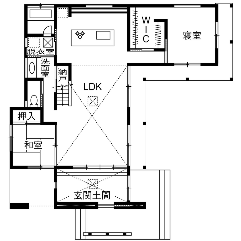 新進建設 【3500万円／延床35.2坪／間取り図あり】土地探しから対応。自然豊かな高台のロケーションに建つ平屋風の家の間取り図（2LDK＋書斎）１階