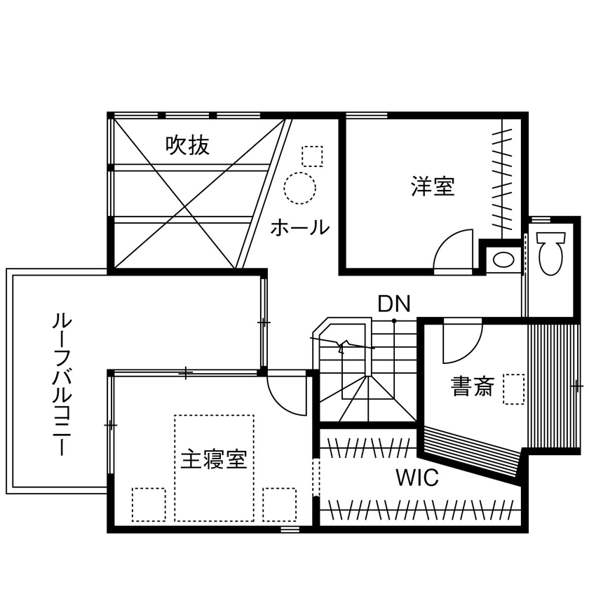 新進建設 【絶景／2750万円／延床35坪／ZEH／間取り図あり】秦野の絶景を見下ろすリビング。人も愛猫ものびやかに。の間取り図（2LDK＋書斎）２階