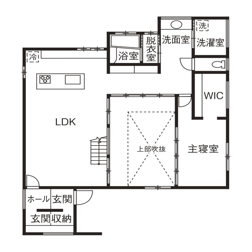 ＰＬＵＳ　ＨＡＵＳ（プラスハウス） 水戸市　吹抜け　採光と風通し抜群　開放感たっぷりの間取り図（3LDK）一階