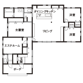 チェックハウス 【平屋/1000万円台/間取り】アメリカンなベースをイメージした平屋。自然素材の心地よさと高い天井の解放感の間取り図（3LDK）１階
