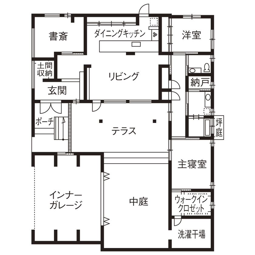 チェックハウス 【平屋/インナーガレージ/中庭/間取り図】コの字の平屋。「全館空調でわが家がリゾートになりました」の間取り図（3LDK）１階