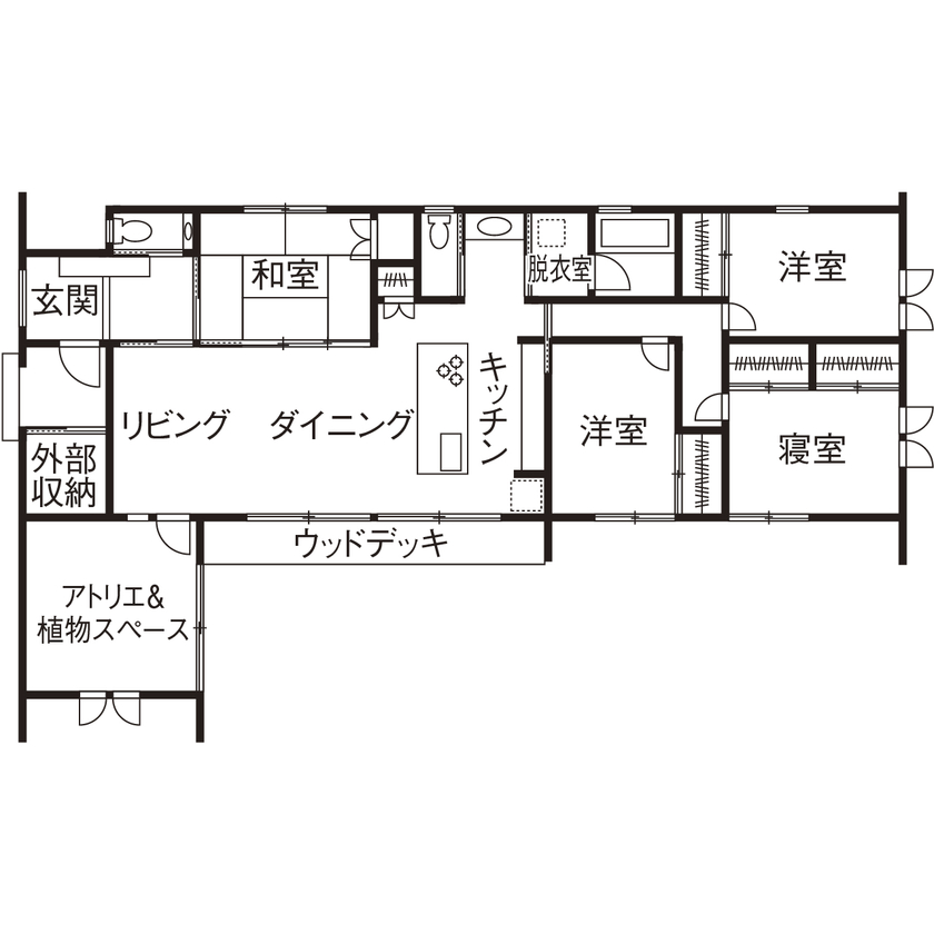 チェックハウス 【平屋/2000万円台/30坪台/間取り図】建築家がデザインした大きな木製窓。自然素材×グレーのシンプルな平屋の間取り図（5K以上）１階