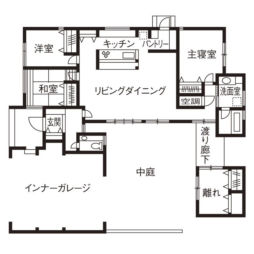 チェックハウス 【平屋/40坪台/ガレージ/間取り図】全館空調で家の中はまるでリゾート。中庭や仲間と過ごす「離れ」もの間取り図（4LDK）１階