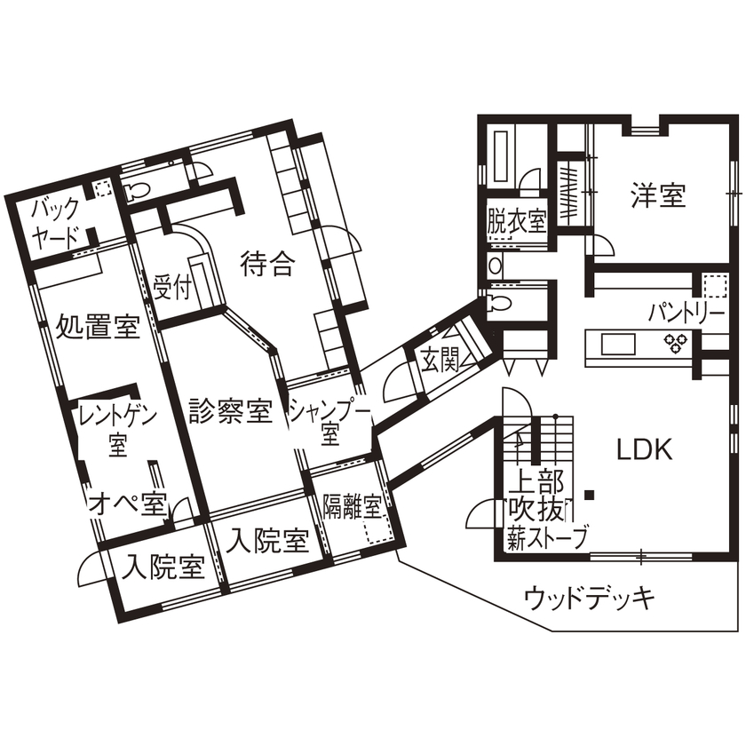チェックハウス 【平屋×２階建て/店舗併用/4LDK】カフェのような動物病院「家で火を見ながらワインを飲む時間が幸せです」の間取り図（4LDK＋動物病院）１階