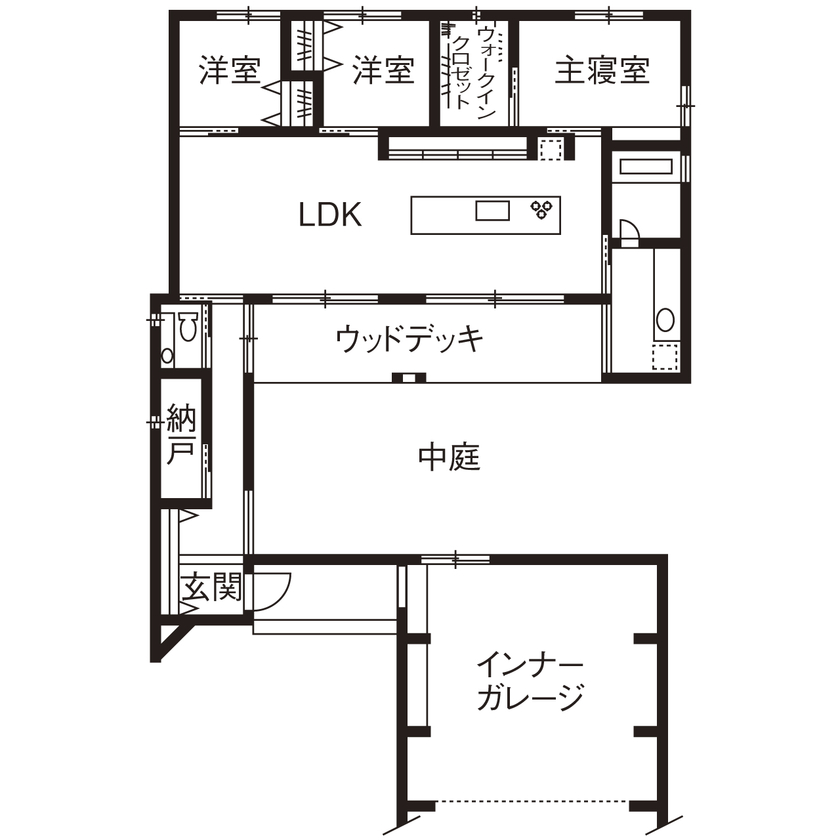チェックハウス 【平屋/3000万円台/コの字型/間取り有】中庭にジェットバス！中と外のギャップに驚くスタイリッシュな平屋の間取り図（3LDK）１階