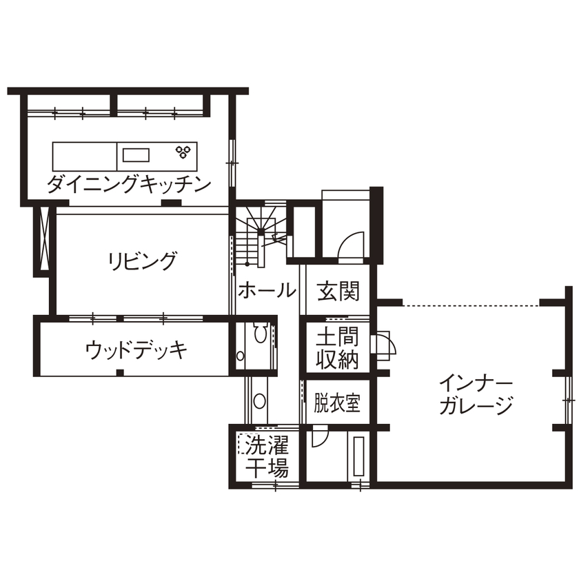 チェックハウス 【インナーガレージ/3LDK/間取り有】本物志向の夫妻が建てた素材を活かしたシンプルモダンなガレージハウスの間取り図（3LDK）１階