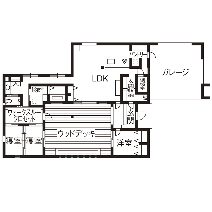 チェックハウス 【平屋/40坪/全館空調/間取り有】プライベートな中庭は全面ウッドデッキ！全館空調が心地よいシックな平屋の間取り図（3LDK）1階