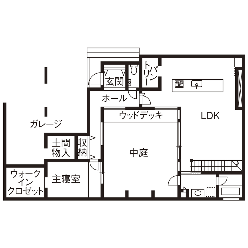 チェックハウス 【3000万円台/3LDK/半平屋/中庭/間取り図有】全館空調のホテルライクな家でカーテン不要の開放的な暮らしの間取り図（3LDK）１階