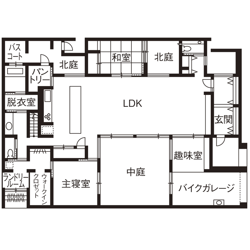 チェックハウス 【4LDK/半平屋/ホテルライク/間取り図有】好きなものに囲まれのんびり過ごす。夫婦のモノトーンな半平屋の間取り図（4LDK＋趣味室）1階