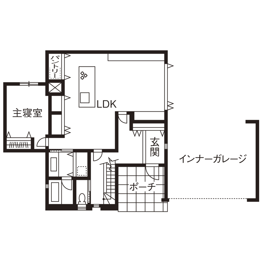 チェックハウス 【インナーガレージ/3LDK/全館空調/間取り】平屋のように暮らせるホテルライク＆グレイッシュなモダン邸宅の間取り図（3LDK）１階