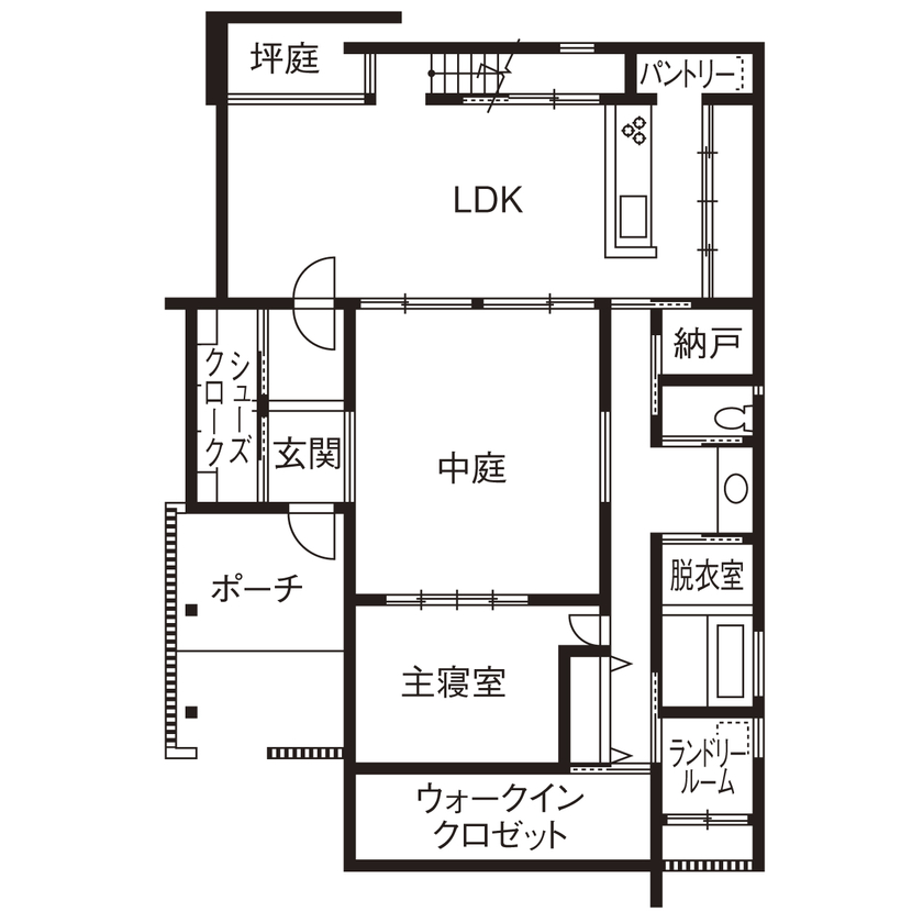チェックハウス 【30坪台/3LDK/中庭/間取り図有】緑の美しさに心奪われる。グレーの濃淡と素材感で魅せるホテルライクな家の間取り図（3LDK）１階