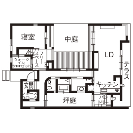チェックハウス 【2000万円台/間取り図有/平屋風】無垢の木、漆喰の素材感をいかしたシンプル＆ナチュラルな中庭のある家の間取り図null１階