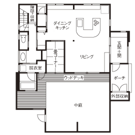 チェックハウス 【2000万円台/間取り図有】住宅密集地でもこの開放感！公園がわりの中庭では毎週ＢＢＱも楽しんで。の間取り図（4LDK）１階