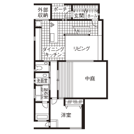 チェックハウス 外観はシンプルモダン、インテリアは海外のリゾートホテルをイメージ。「中庭の心地よさは最高です！」の間取り図（4LDK）１階