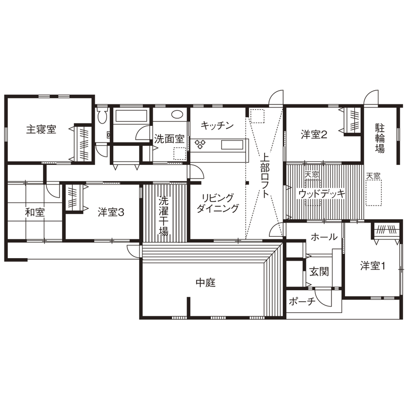 チェックハウス 【平屋/2000万円台/間取り図有】居酒屋風ダイニングキッチンで家飲み。リゾート×和モダンなかっこいい平屋の間取り図（5LDK＋ロフト）１階