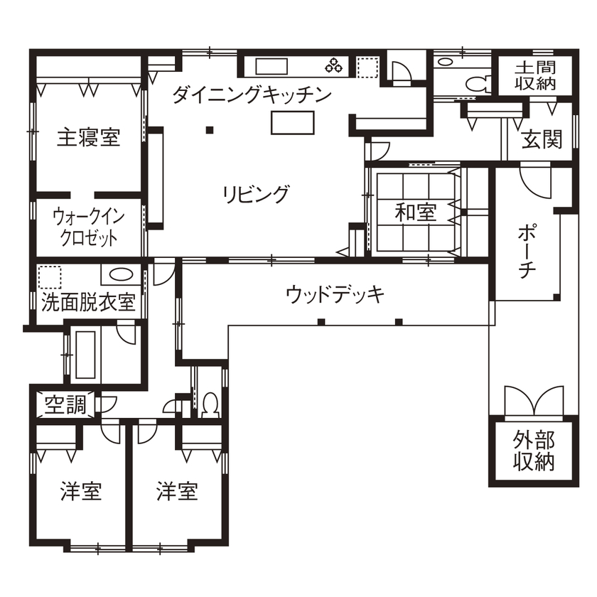 チェックハウス 【平屋/2000万円台/30坪台/コの字型】建築家デザインのシンプルモダンな平屋。「全館空調で家じゅう快適」の間取り図（4LDK）１階