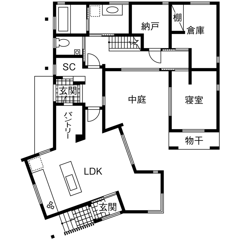Liber（リベル） 【間取り図×平屋風×ガレージハウス】中庭から光を取り込んで明るく開放的に。３人で暮らすバリアフリー住宅の間取り図（4LDK）1階