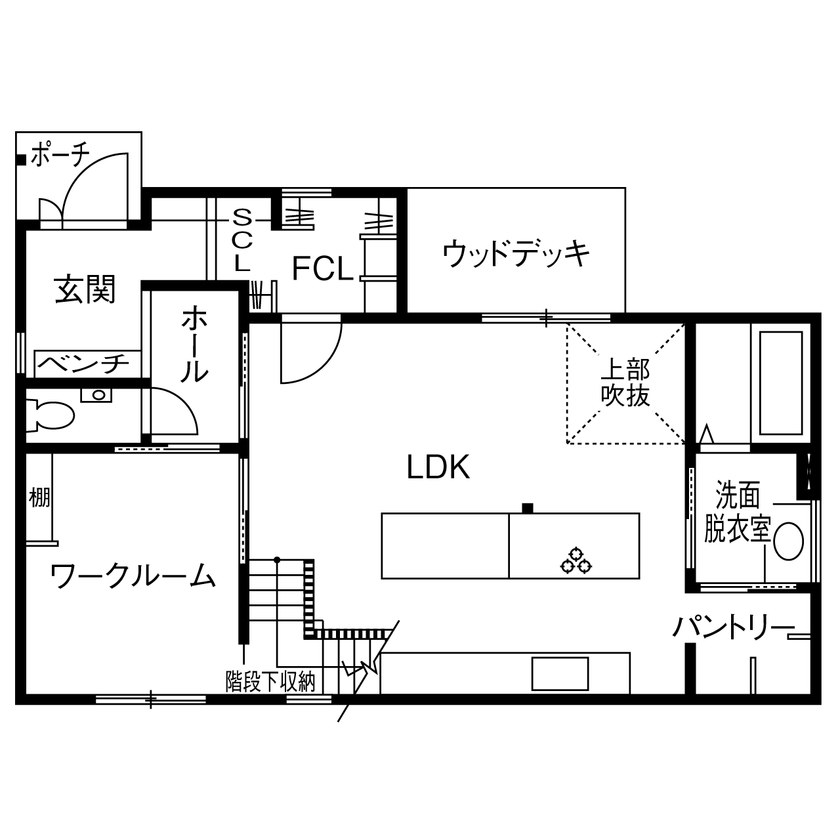 Liber（リベル） 【長久手市×SOHO×二列型キッチン×間取り図】無駄のない動線＆収納で叶えた、広いLDKと仕事室のある家の間取り図（3LDK）1階
