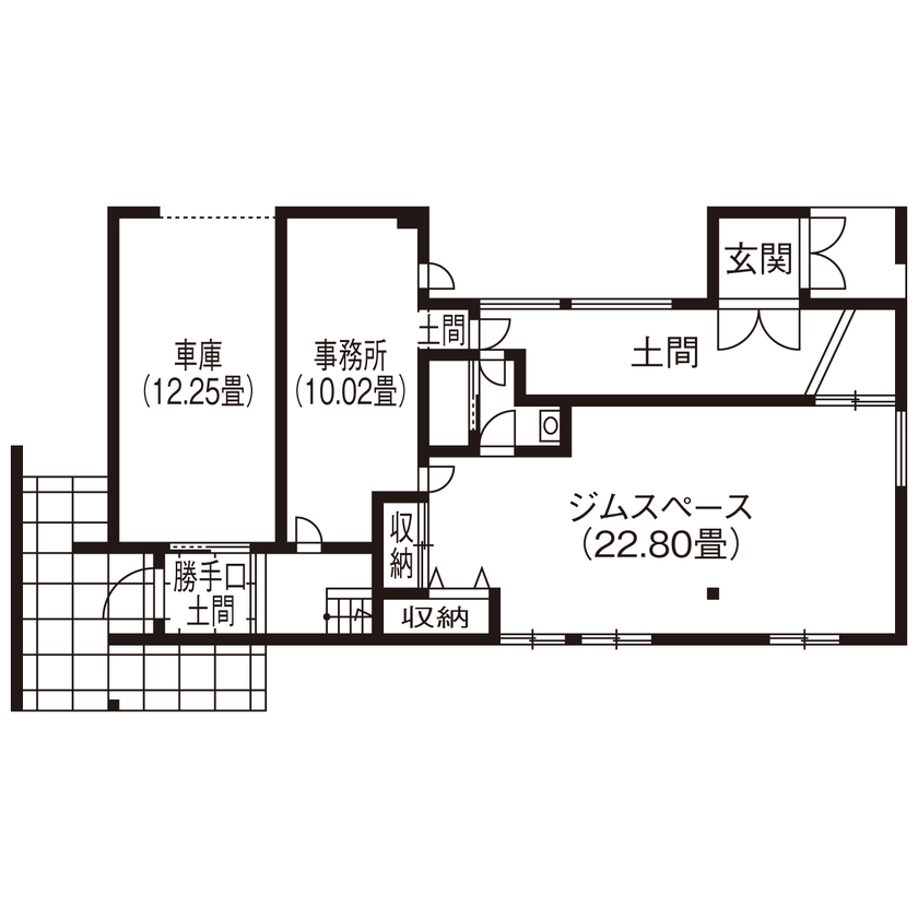 Liber（リベル） 【小牧市×ビルトインガレージ×２階LDK×間取図あり】２階ウッドデッキで季節を感じる「非・日常空間」の間取り図（1LDK+ジムスペース）1階
