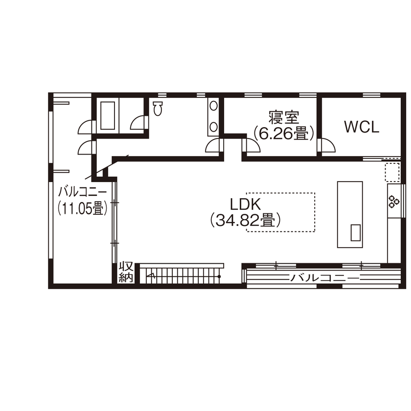 Liber（リベル） 【小牧市×ビルトインガレージ×２階LDK×間取図あり】２階ウッドデッキで季節を感じる「非・日常空間」の間取り図（1LDK+ジムスペース）2階