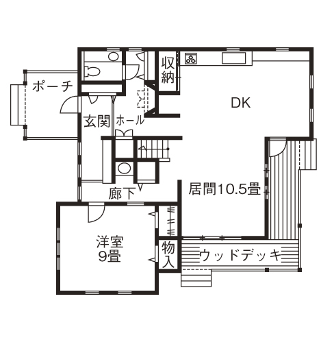 ニットーホーム 暮らしを彩る大好きなデザイン。青空と花が似合う三角屋根のラップサイディングの家の間取り図（4LDK）1階