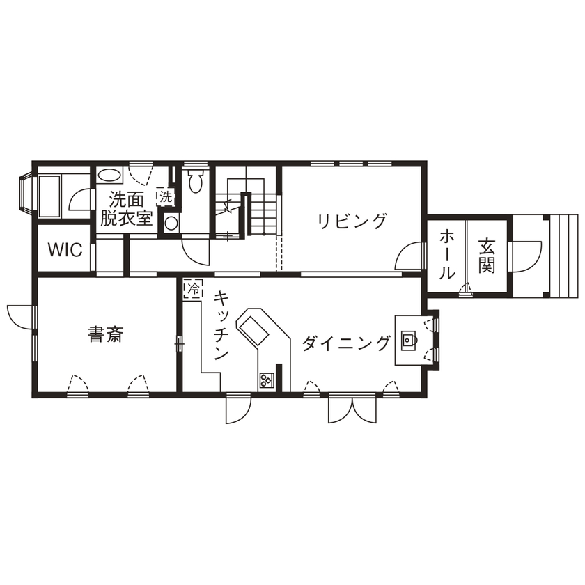 ニットーホーム 豊かな自然の中に佇む白い塗り壁の三角屋根の家。憧れの海外の田舎暮らしを実現の間取り図（3LDK）1階