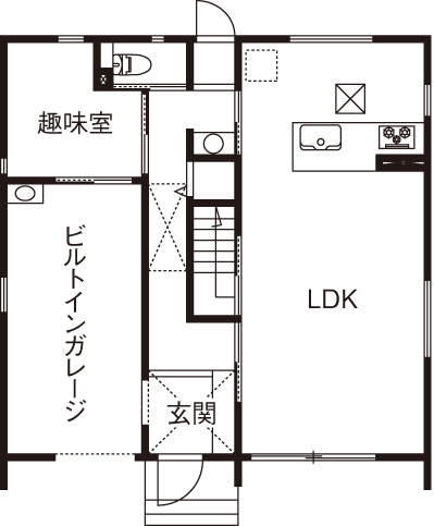鈴木建設 【相模原市/39坪/2390万円】趣味のバイクを格納できる、ビルトイン・ガレージ付きのナチュラルモダン住宅の間取り図（4LDK）1階