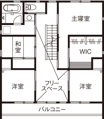 鈴木建設 【相模原市/39坪/2390万円】趣味のバイクを格納できる、ビルトイン・ガレージ付きのナチュラルモダン住宅の間取り図（4LDK）2階