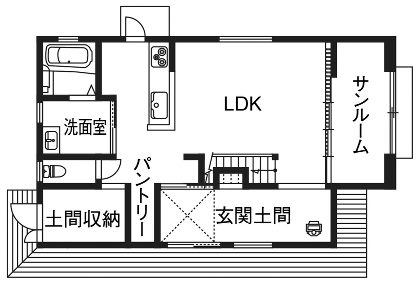 鈴木建設 【 三浦郡/36坪台/2000万円台】薪ストーブを眺めて暮らす。アウトドアスタイルを愉しむ住まいの間取り図（3LDK）1階