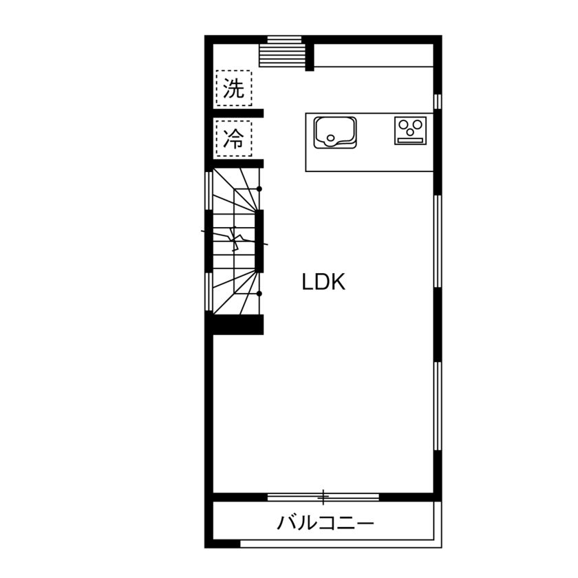 フォーライフ 【1000万円台/間取図有/狭小住宅/3階建て】経験とノウハウを活かし、16.4坪の敷地を有効活用の間取り図（1LDK）2階