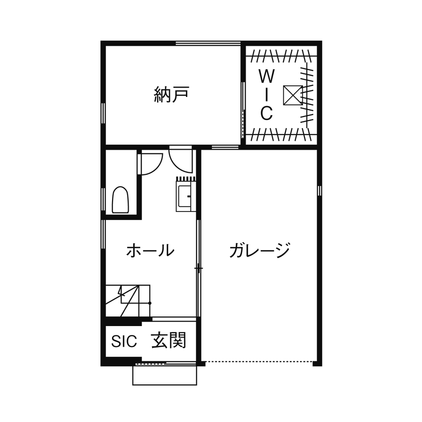 フォーライフ 【2000万円～2499万円／敷地21.6坪／間取図有】明るく開放的な２階リビングと憧れのバイクガレージを実現の間取り図（1LDK）1階