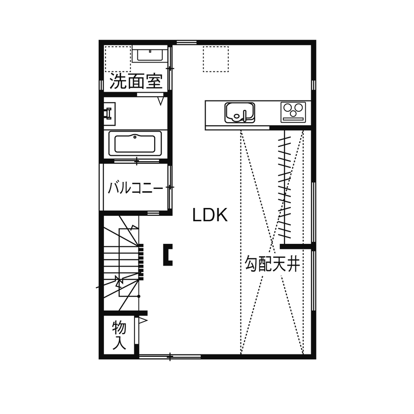 フォーライフ 【2000万円～2499万円／敷地21.6坪／間取図有】明るく開放的な２階リビングと憧れのバイクガレージを実現の間取り図（1LDK）2階