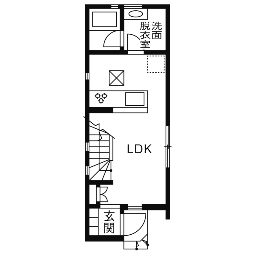 フォーライフ 【1500万円~1999万円/狭小住宅/３階建て/間取図有】約13坪の敷地に、家族５人が快適に暮らせる住空間を実現の間取り図（2LDK＋納戸）１階