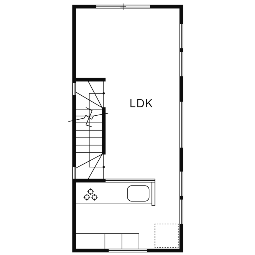 フォーライフ 【2500万円～2599万円／狭小3階建て／間取図有】陽当たりの良い角地のメリットを最大限に活かした住まいの間取り図（3LDK）２階