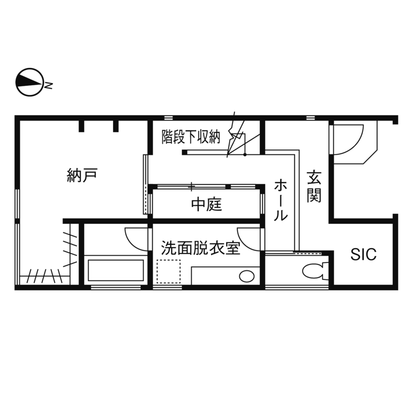 フォーライフ 【2800万円～2899万円／狭小３階建て／間取図有】光が行き渡る「コの字」プランで、明るい住空間を実現の間取り図（1LDK＋納戸）１階