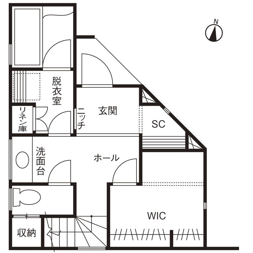 フォーライフ 【2700万円～2799万円／敷地16.2坪／間取図有】個性的な狭小・三角地に叶えた、お花見を楽しめる3階建ての間取り図（1LDK＋書斎＋WIC）1階