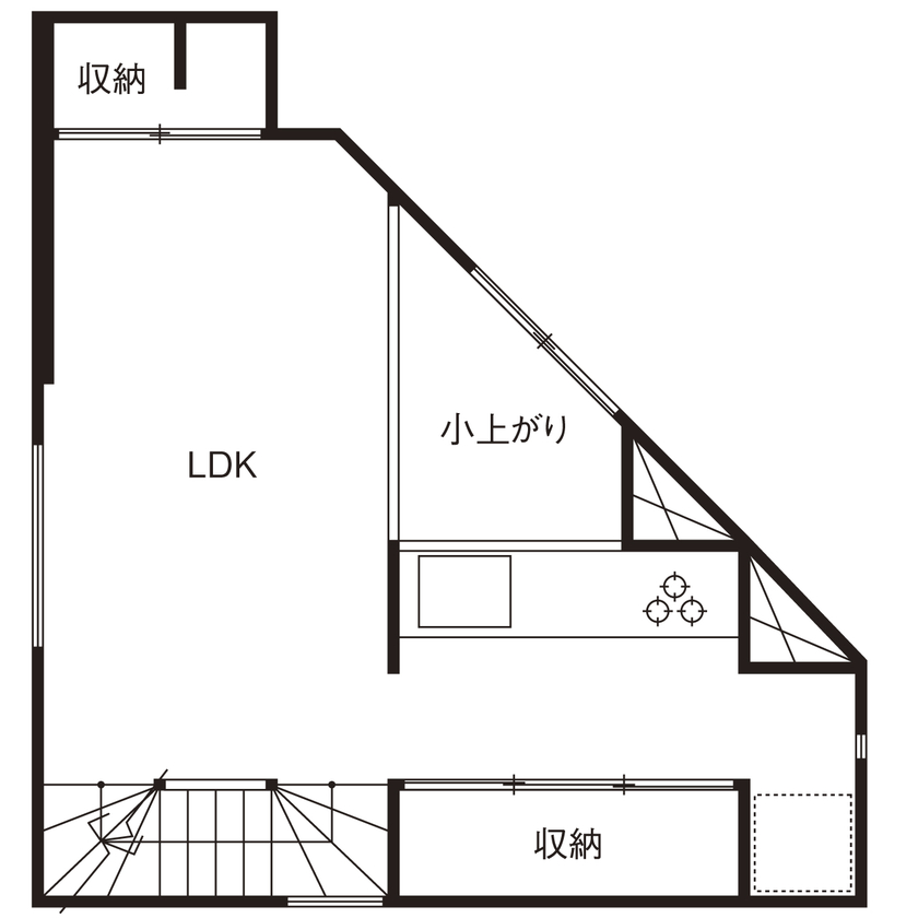 フォーライフ 【2700万円～2799万円／敷地16.2坪／間取図有】個性的な狭小・三角地に叶えた、お花見を楽しめる3階建ての間取り図（1LDK＋書斎＋WIC）2階