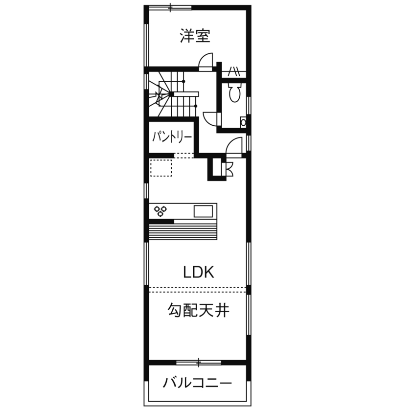 フォーライフ 【2700万円～2799万円／敷地22.4坪／間取図有】縦の空間を活かして明るく開放的に。間口４m以下の狭小住宅の間取り図（1LDK＋2納戸＋小屋裏）2階