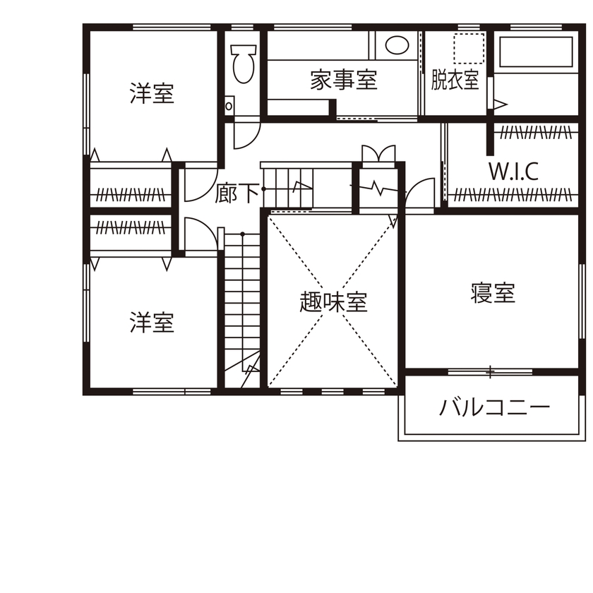 ソーラースマートグリッドホーム　三陽工務店 【2000万円台/趣味室/家事室/カビ抑制工法/間取り図有】エアコン一台でも冬は暖かく快適な暮らしを実現の間取り図（4LDK＋趣味室）2階